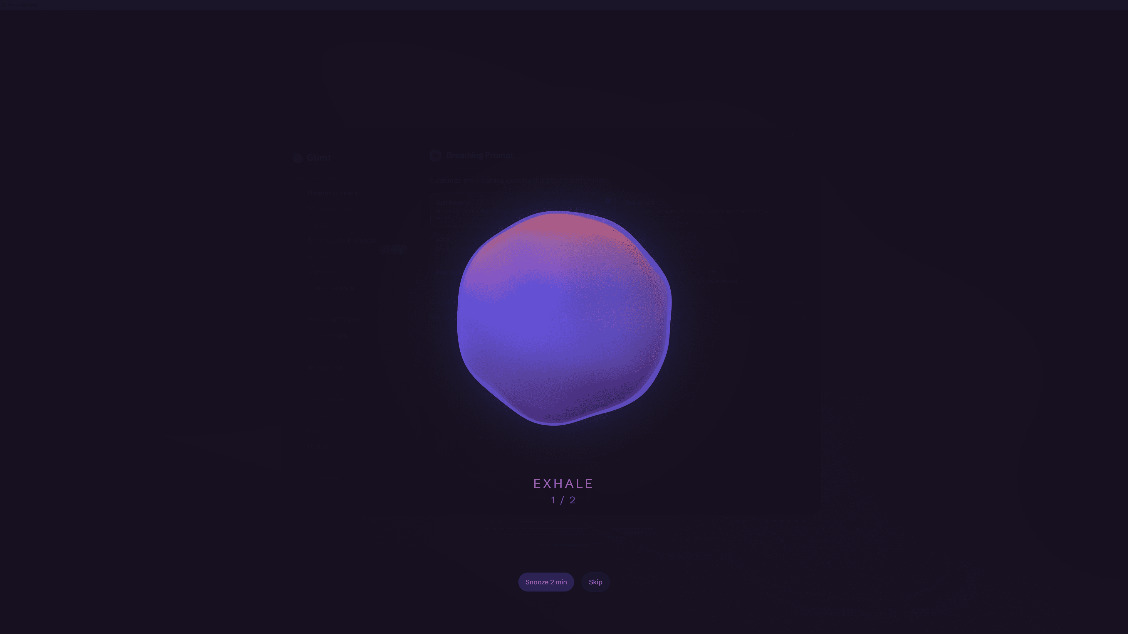 The fullscreen breathing prompt, with snooze and skip at the bottom.