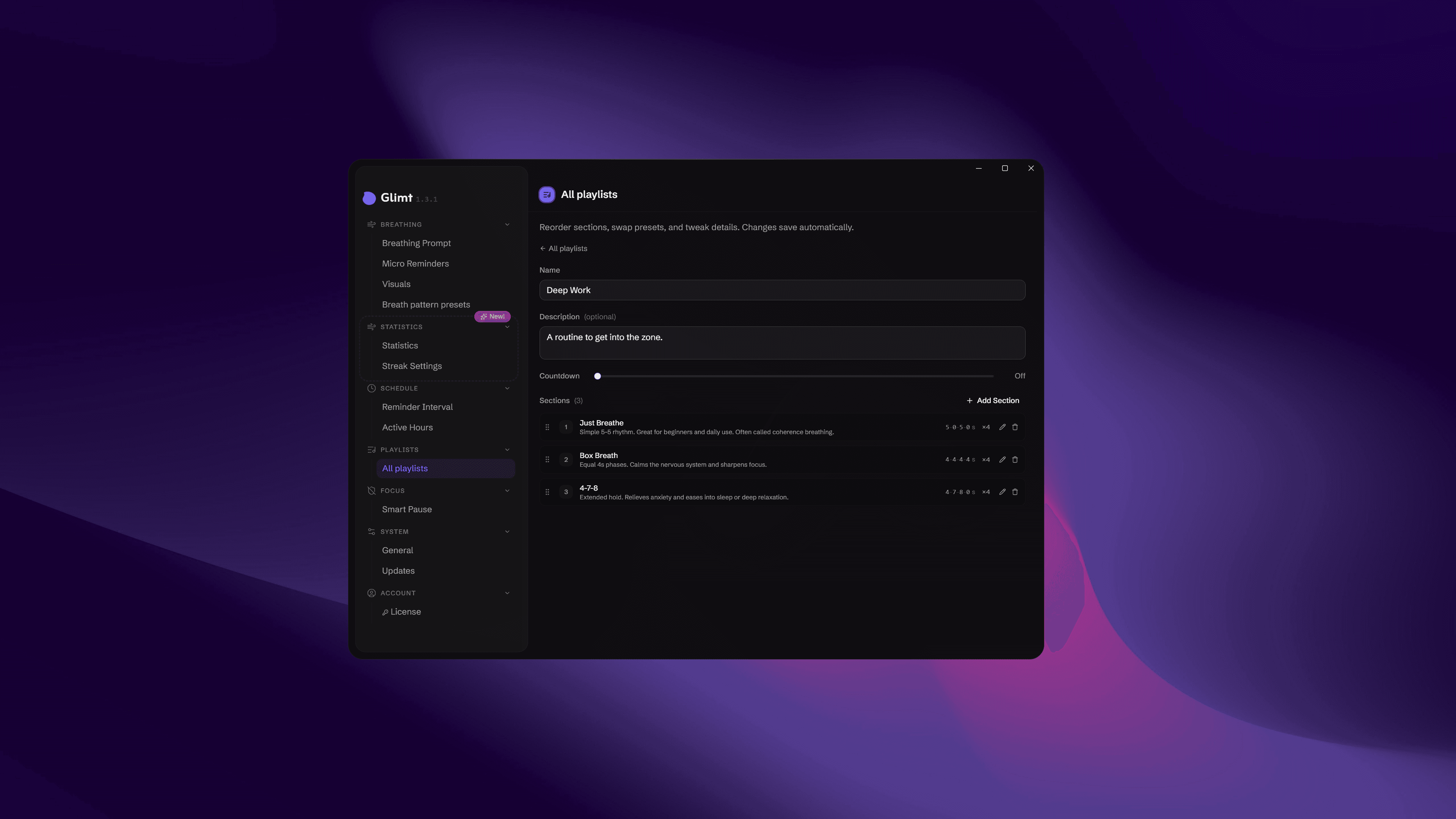 Editing “Deep Work”, a playlist that chains three breathing patterns.